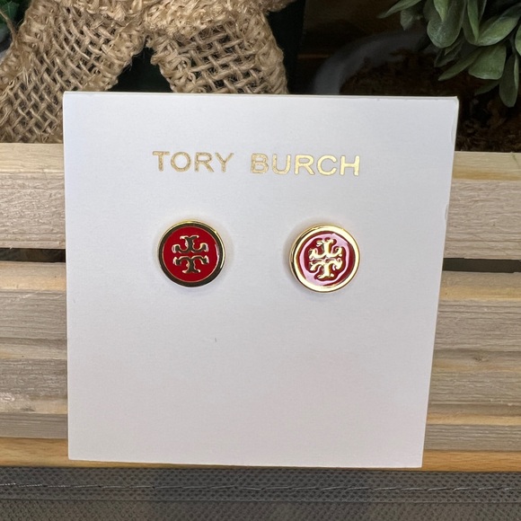 Tory Burch Kira Enamel Red/Gold Stud Earrings - Picture 3 of 4